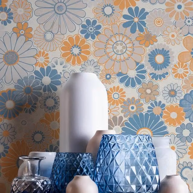 A.S. Création Retro Floral Botanical Wallpaper in Blue and Orange