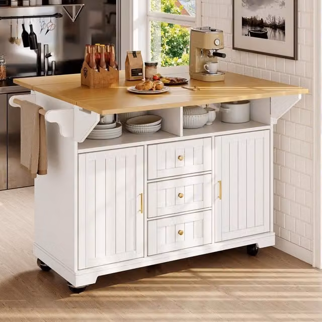 Aosom UK Extendable Kitchen Island Trolley with 3 Drawers and 2 Doors in White, W: 40-80 cm, D: 120 cm, H: 95 cm – 1