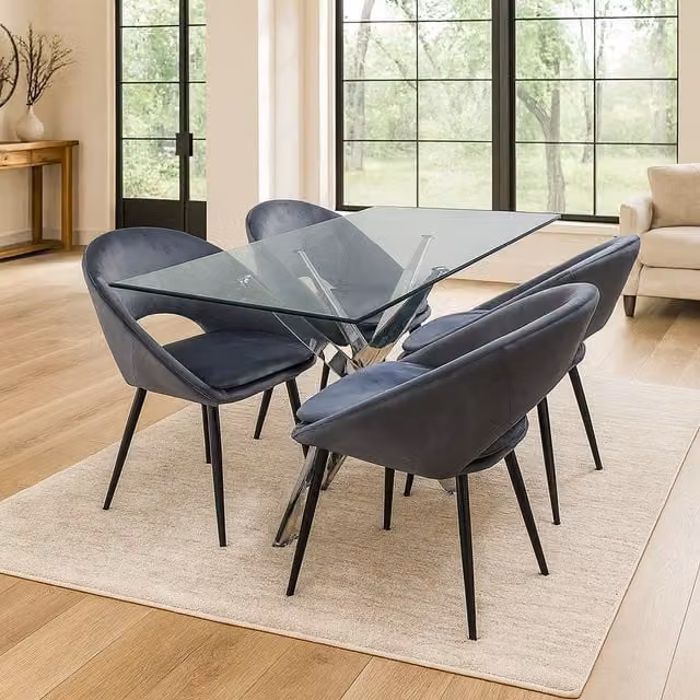 Kosy Koala Modern Rectangular Glass Dining Table with 4 Grey Chairs