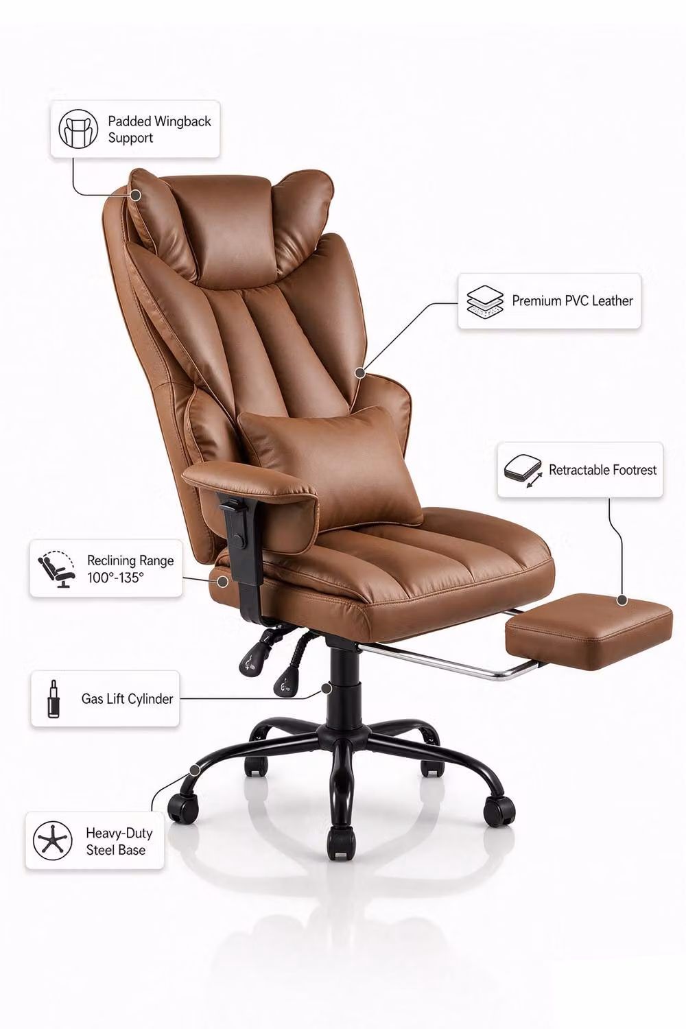 Living and Home Ergonomic High Back Office Chair with Footrest and Castors in Brown – 4