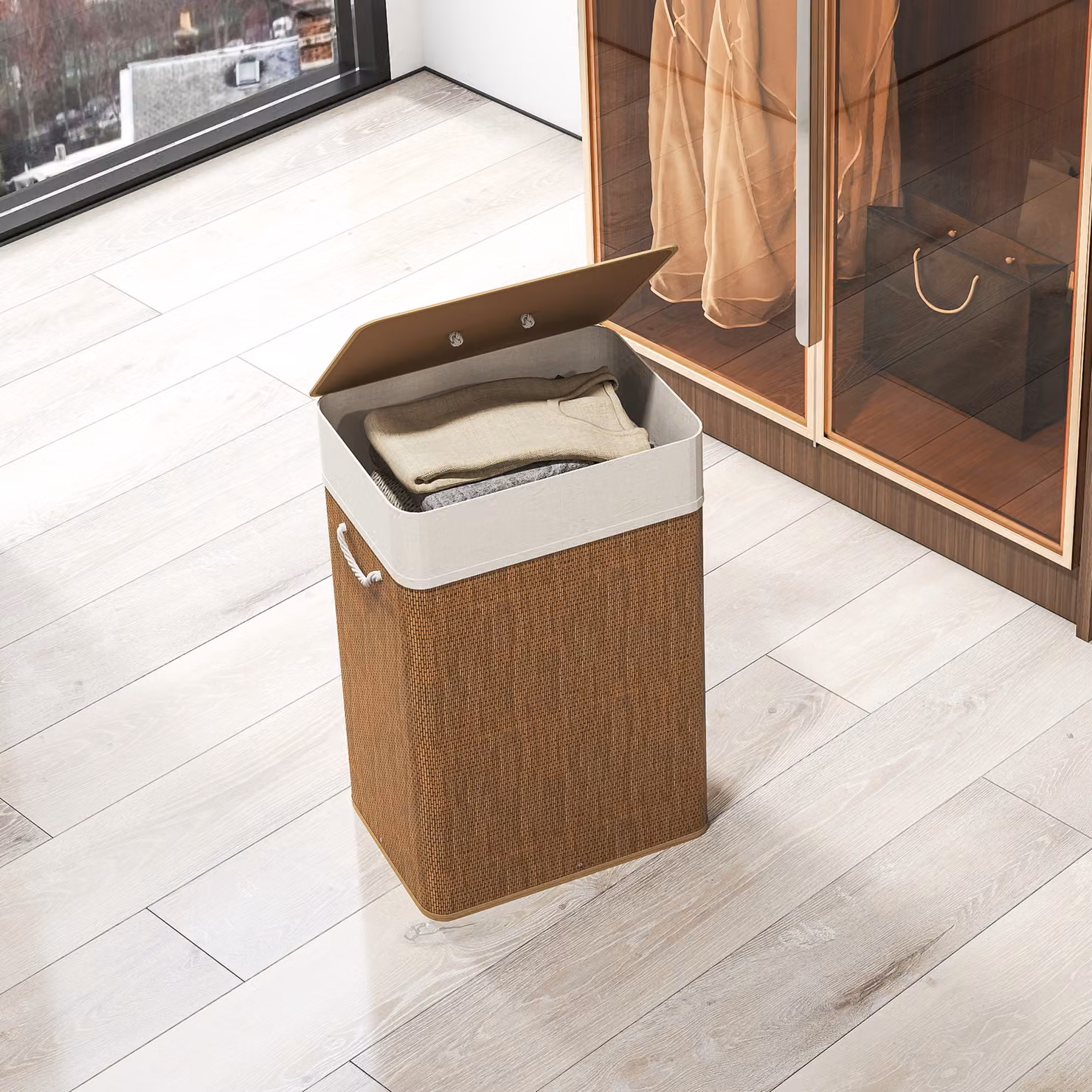 HOMCOM Bamboo Laundry Basket with Lid and Removable Washable Liner, 72L, Brown – 5