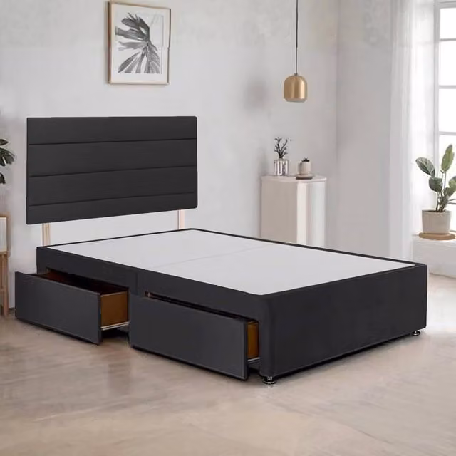 Bed Time UK Plush Velvet Divan Bed Frame with 2 Drawers and 20 inch Horizontal Headboard in Black, W/D/H: 180 x 200 cm