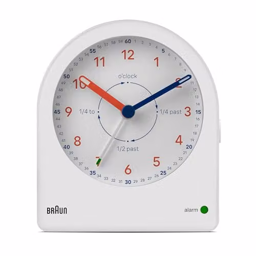 Braun Analogue Time Teacher Alarm Clock with Snooze and Continuous Backlight in White, Model BC22TW – 1