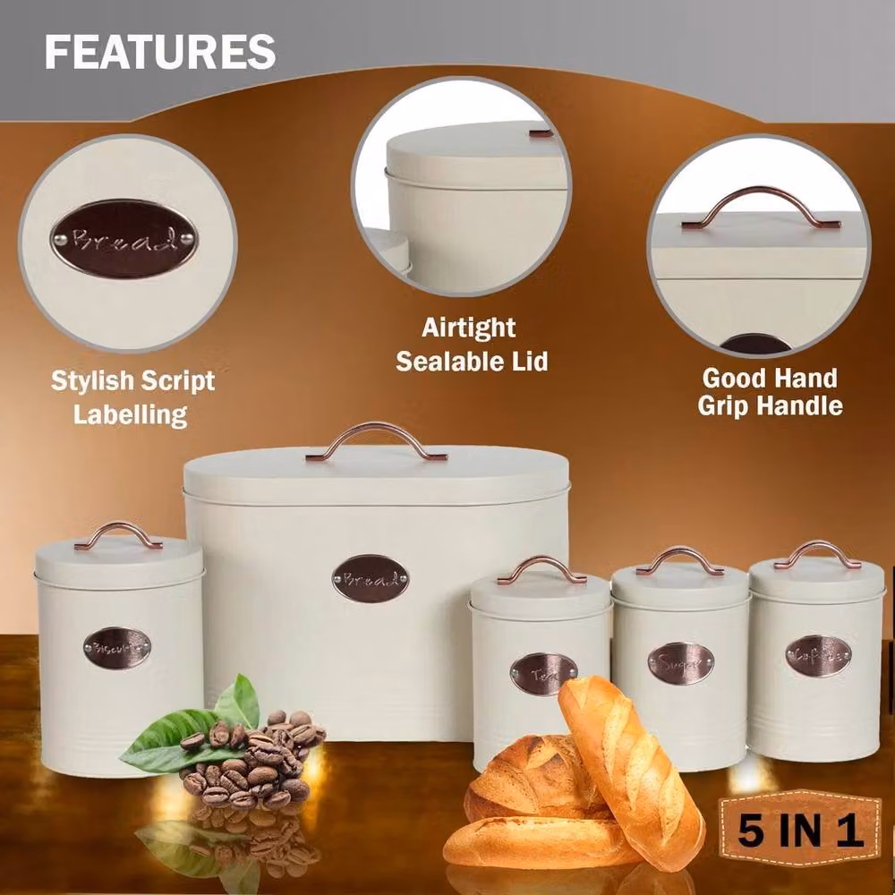 SPETLEK 5-Piece Airtight Metal Kitchen Bread Bin Storage Tin Set in Cream – 4