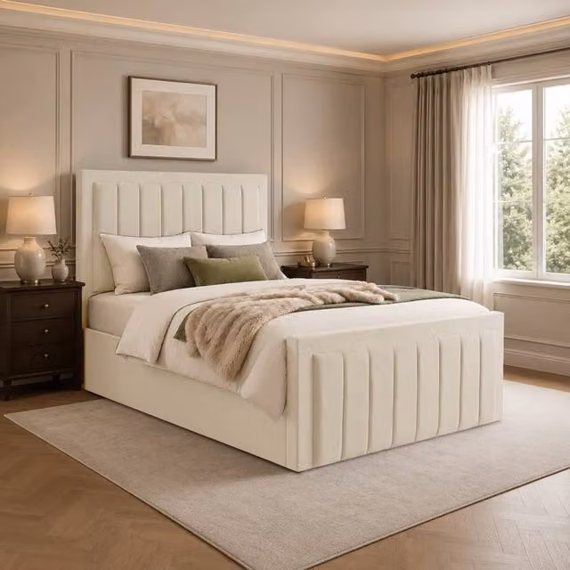 Desire Deco Lucia Ottoman Storage Bed Frame in Beige Plush Velvet, Size: 180 x 200 cm