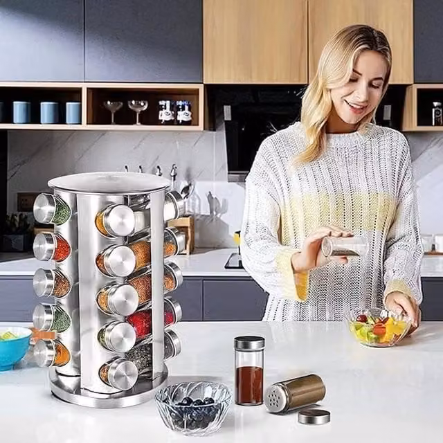 Hinsinc Rotating Stainless Steel Spice Carousel with 20 Glass Jars in Metallic Silver