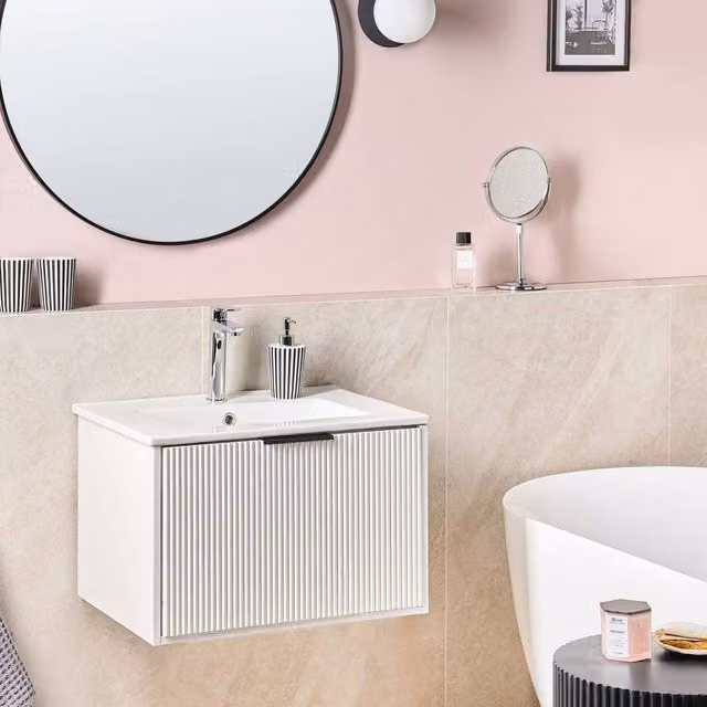 Wyld and Coco White Wall-Mounted Bathroom Vanity Unit with Black Handle and Ceramic Basin, W: 60 cm, D: 38 cm, H: 60 cm