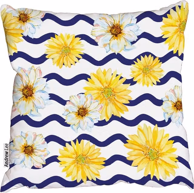 Andrew Lee White and Yellow Daisies Floral Square Cushion, W/D/H: 60 x 60 x 1 cm