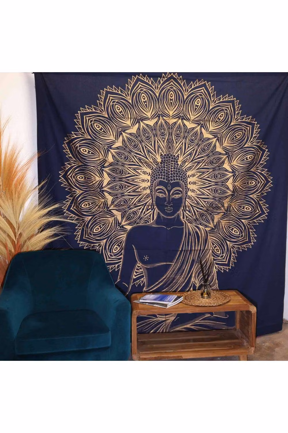 KDMD Double Cotton Bedspread and Wall Hanging Set in Buddha Blue and Gold with Abstract Flower Art – 2