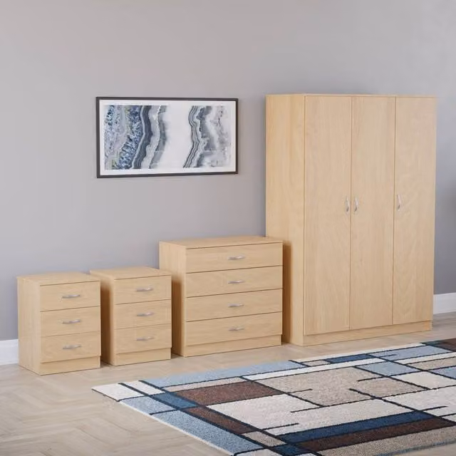 HD Designs 4 Piece Modern Brown Bedroom Set with 3 Drawer Wardrobe, 4 Drawer Chest and 2x3 Drawer Bedside Tables – 1