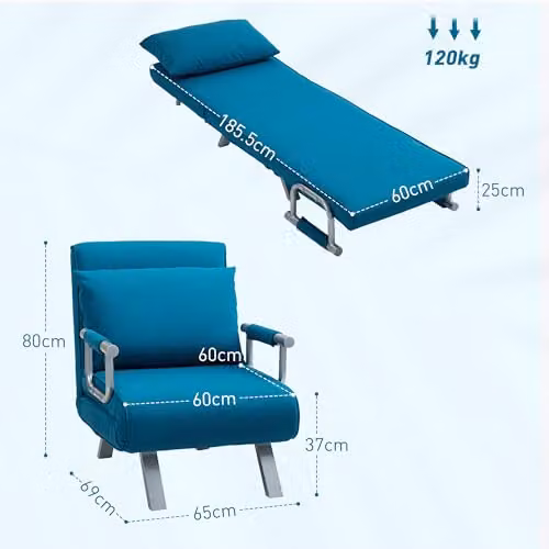 HOMCOM Blue Microfibre Click Clack Convertible Single Chair Bed with Metal Frame and Armrests – 3