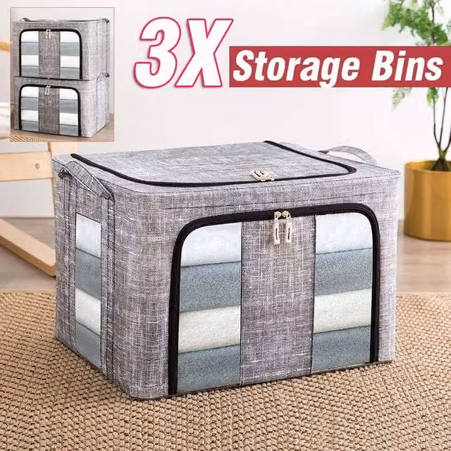 FLAVORA Set of 3 Foldable and Stackable 66L Storage Boxes in Grey Fabric and Stainless Steel