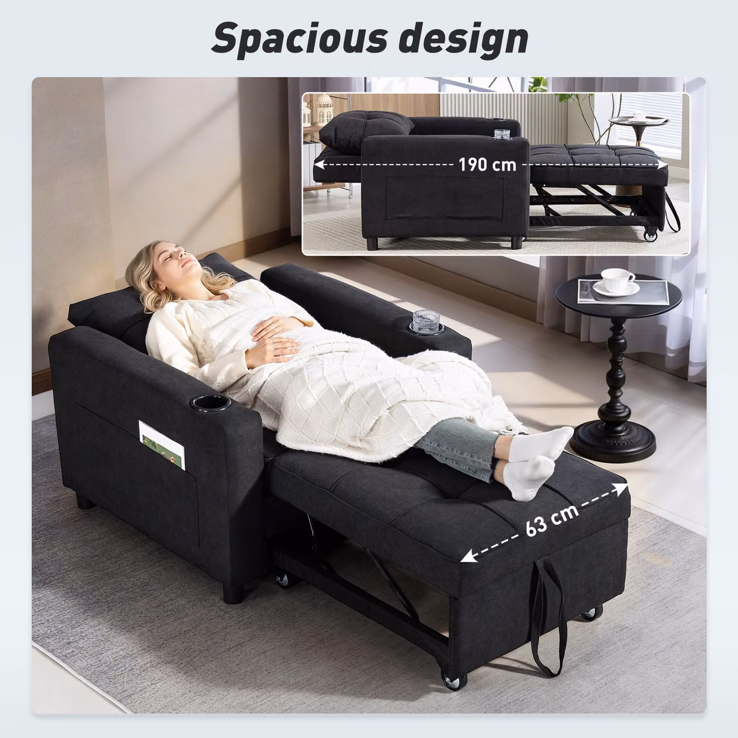 HOMCOM 3-in-1 Single Sofa Bed, Convertible Sleeper Chair with Armrests in Black – 6