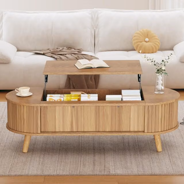 Aosom UK Brown Oval Lift-Up Coffee Table with Hidden Storage and Height-Adjustable Top, W: 120 cm, D: 50 cm, H: 39.5 cm