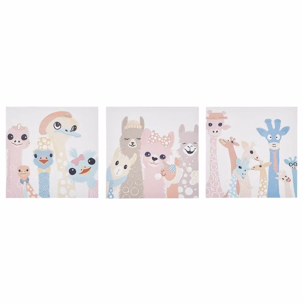 Wyld and Coco Kids Canvas Wall Art Set of 3 Multicolour Animal Illustration Prints, W/H: 30 x 30 cm – 2