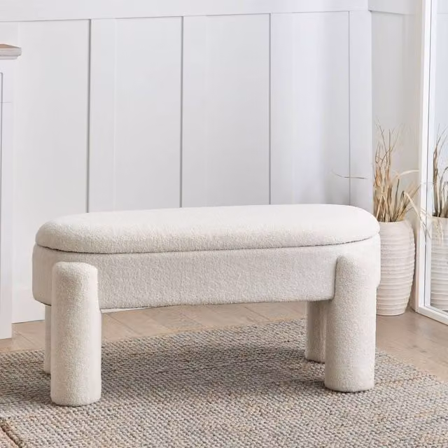 Wyld Haus White Bouclé Storage Bench, W: 114 cm, D: 43 cm, H: 53 cm