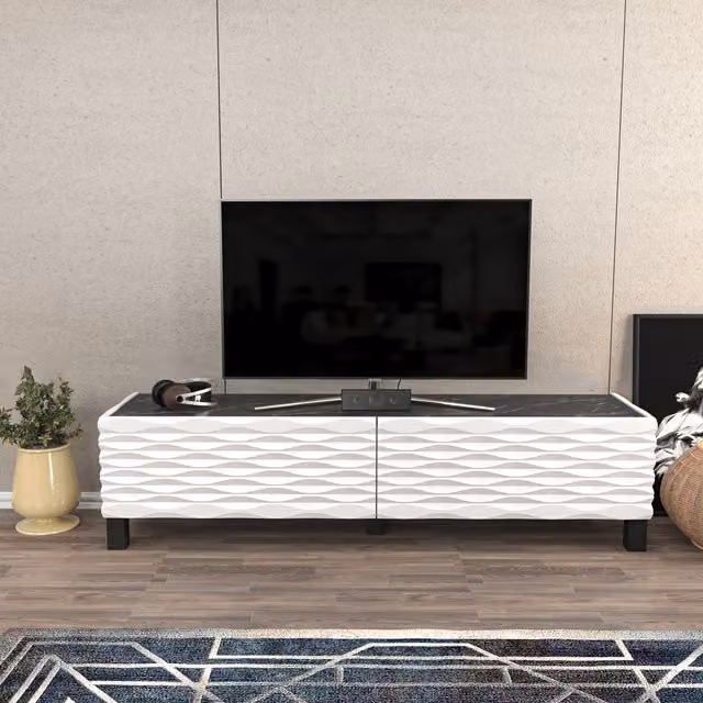 Decorotika Lerze TV Unit for TVs up to 65 inch in Black Marble Effect and White