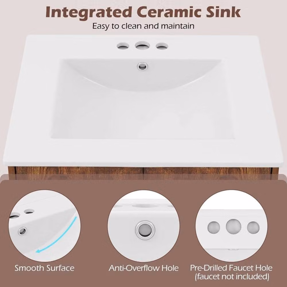 Kelvenix Modern Under Sink Bathroom Storage Cabinet with Ceramic Sink in Brown – 4