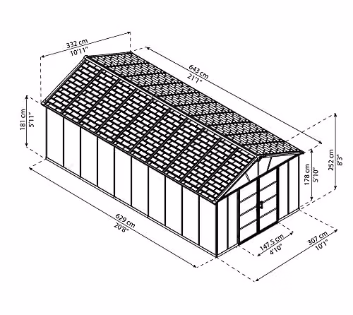 Palram Yukon Metal Tool Shed with Floor and Double Doors in Grey, W: 643 cm, D: 332 cm, H: 252 cm – 3