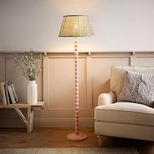 ValueLights Bobbins Floor Lamp with Floral Pleated Fabric Shade in Pastel Pink and Wood – 2