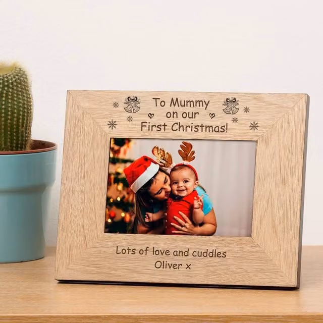 Uniqueful Personalised To Mummy On Our First Christmas Wood Picture Frame, Brown, W/H: 19.5 x 19.5 cm