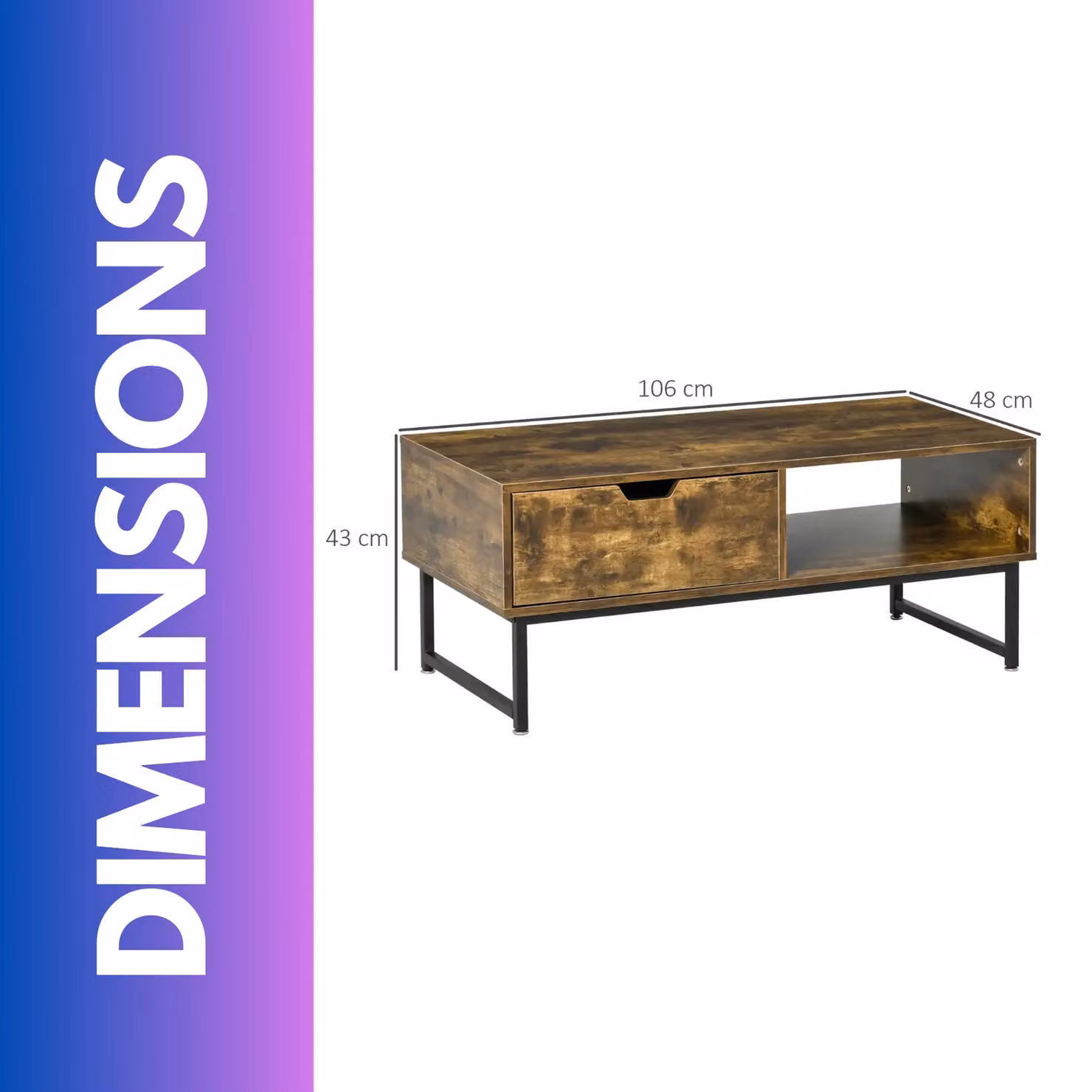 Rafaelo Mobilia Industrial Rustic Coffee Table with Drawer and Storage in Brown and Black, W: 106 cm, D: 48 cm, H: 43 cm – 4
