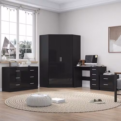 Reflect Modern Bedroom Furniture Set in Black Gloss and Black Oak Finish featuring 2 Door Corner Wardrobe, 6 Drawer Wide Chest, 3 Drawer Bedside Table and Desk/Dressing Table