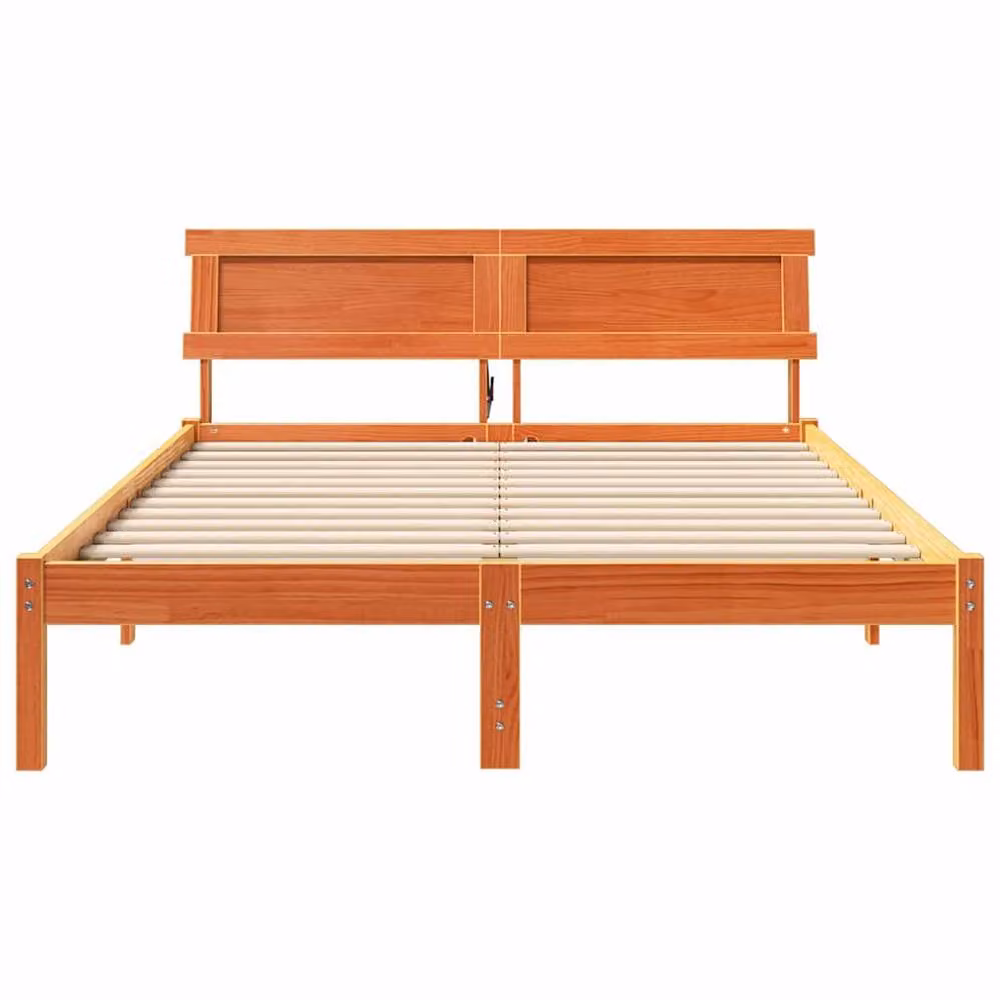 Berkfield Home Solid Wood Bed Frame with LED Headboard and USB Charging Port in Wax Brown – 2