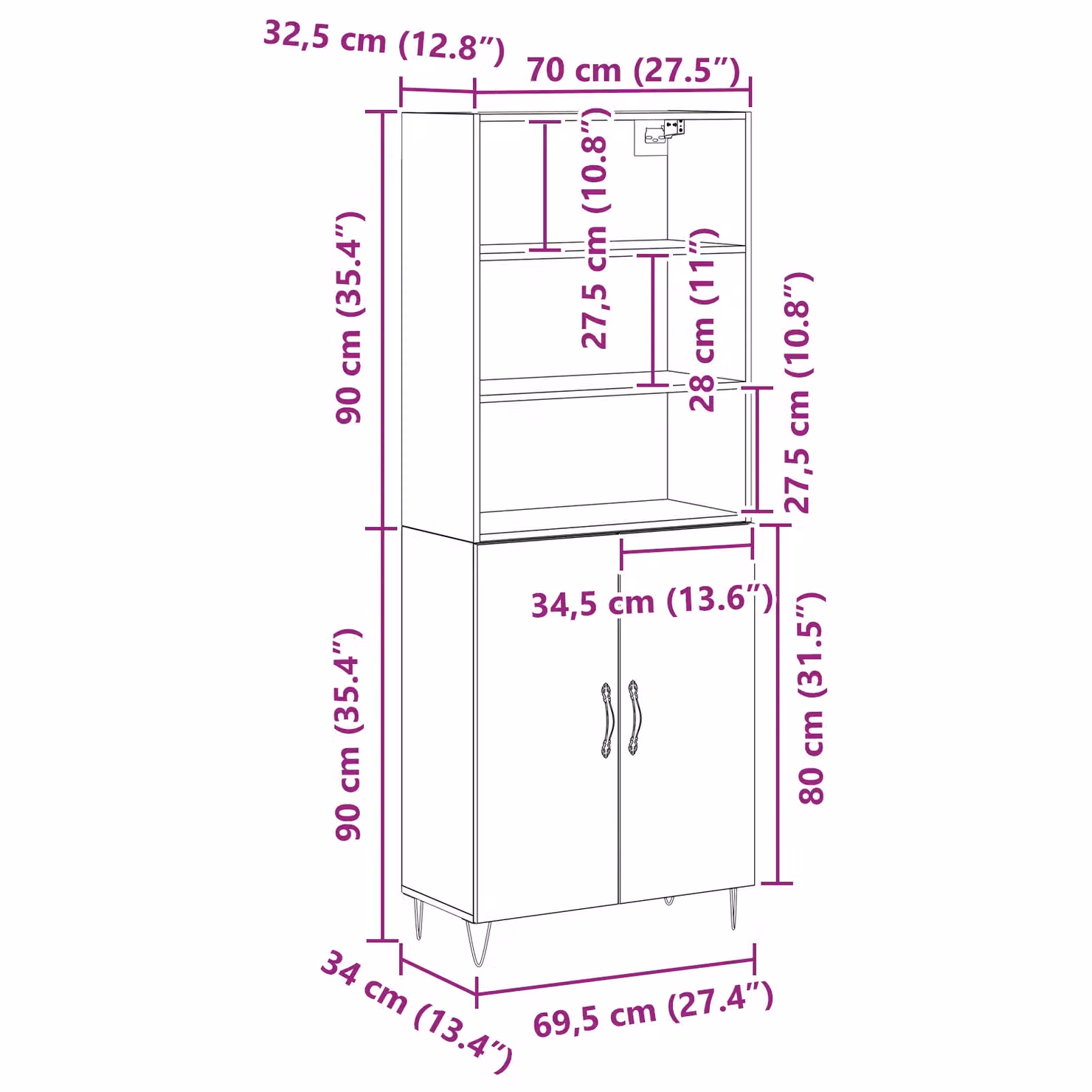 Berkfield Home Modern Black Oak Highboard with Hinged Doors and Internal Shelves, W/D/H: 69.5 x 34 x 180 cm – 5