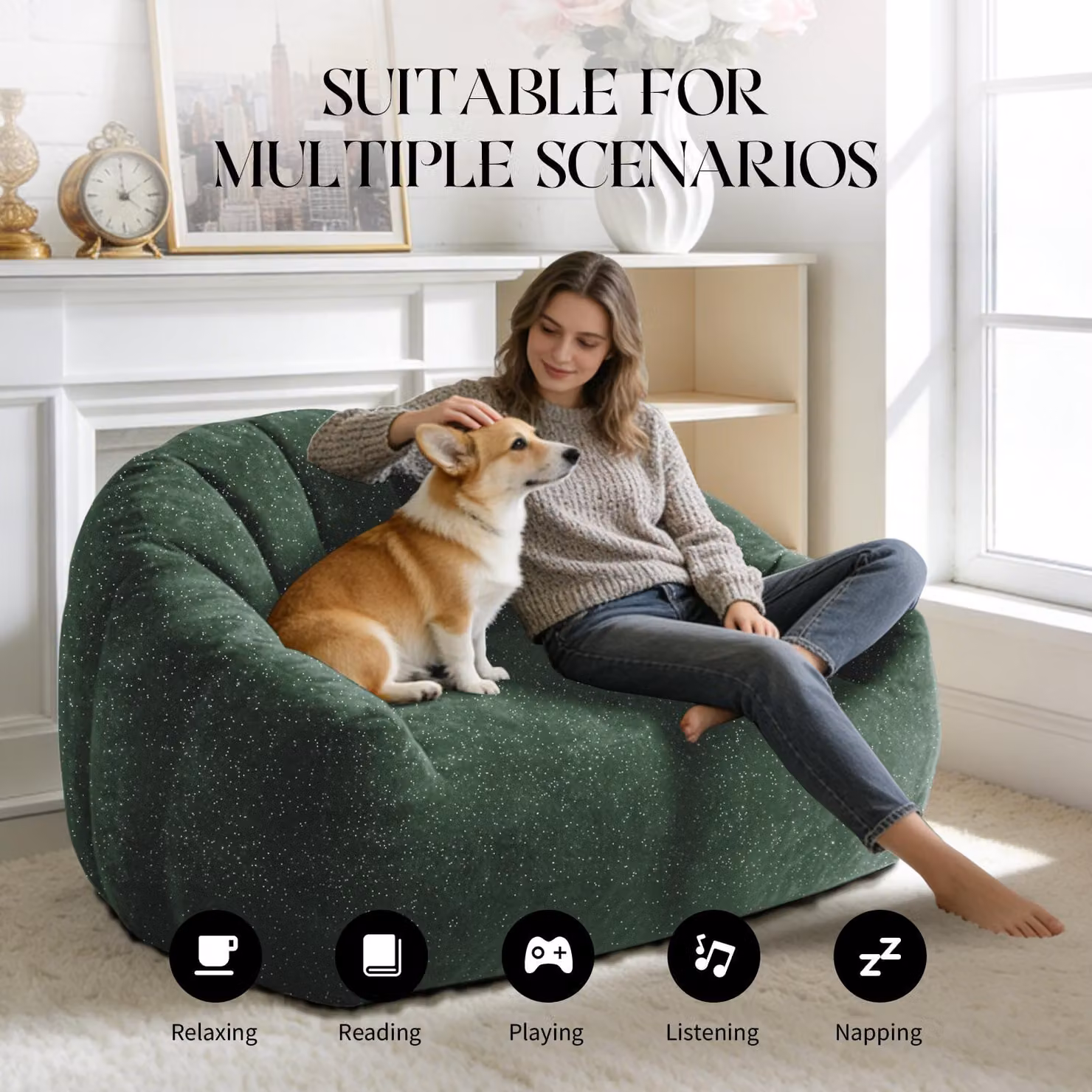 Aosom UK Plush 2-Seater Bean Bag Sofa in Green, W/D/H: 98 x 140 x 61 cm – 3