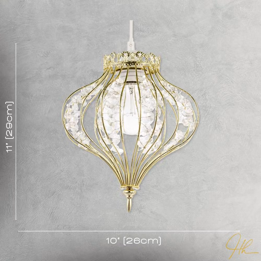 Happy Homewares Teardrop Pendant Lamp Shade in Shiny Gold with Transparent Acrylic Beads – 3