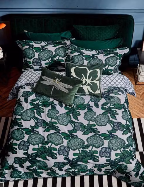 Ted Baker Reversible Pure Cotton Percale Bedding Set in Blue and Green Mix, W: 140 cm, L: 200 cm