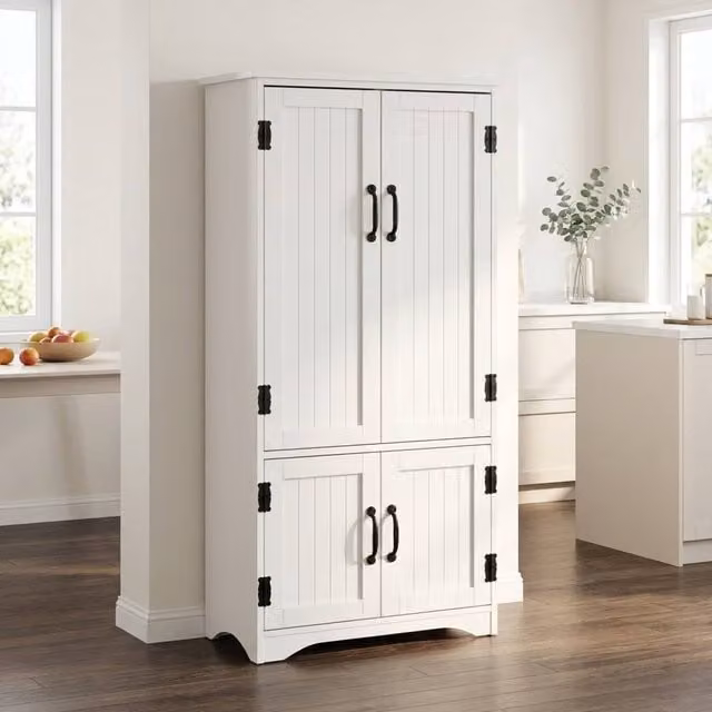 STILVORA White MDF Freestanding Storage Cabinet with 4 Hinged Doors and Adjustable Internal Shelves