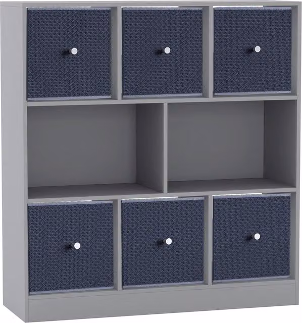 URBNLIVING 8 Cube Bookcase in Grey with 6 Navy Blue Fabric Storage Drawers