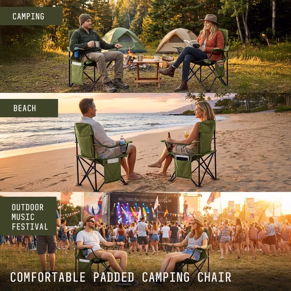 Voyager 2-Pack of Folding Camping Chairs in Green with Cup Holders and Storage Pocket – 7