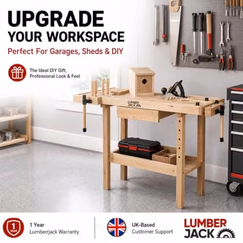 Lumberjack Heavy Duty Woodworking Workbench with 1 Drawer and 2 Vices in Brown and Beige – 5
