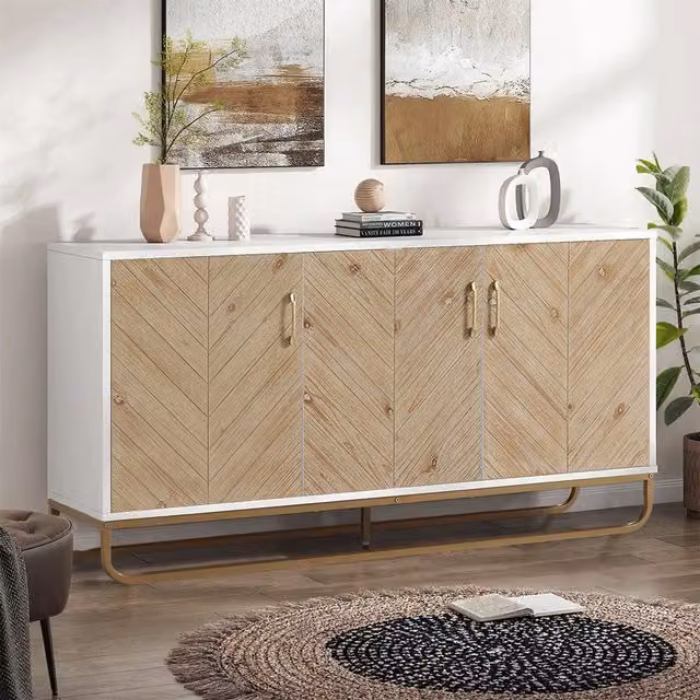 Livingandhome Modern White Three Door Side Storage Cabinet with Internal Shelves