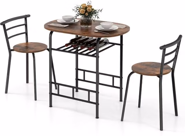 Costway 3-Piece Brown Wood Kitchen Table and Chairs Set with Oval Industrial Design