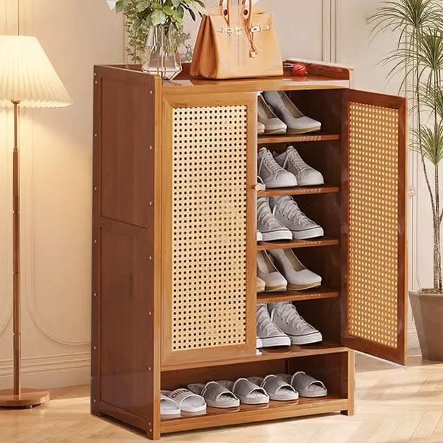 Kelvenix Mid Century Brown Shoe Cabinet with Rattan Doors and Internal Shelves, W/D/H: 94 x 32 x 60 cm