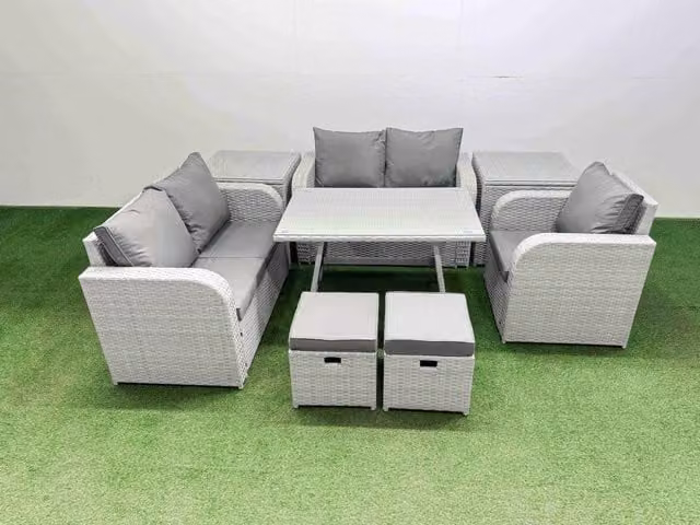 Fimous 7 Seater Rattan Garden Furniture Set with Love Sofa and Reclining Chairs in Light Grey