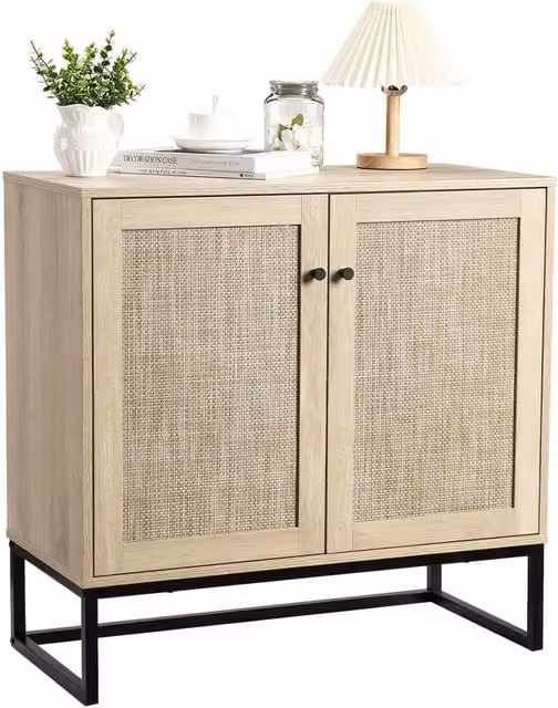 VOGREX Set of 2 Modern Rattan Entryway Storage Cabinets in Light Oak and Black with Brown Accents – 1