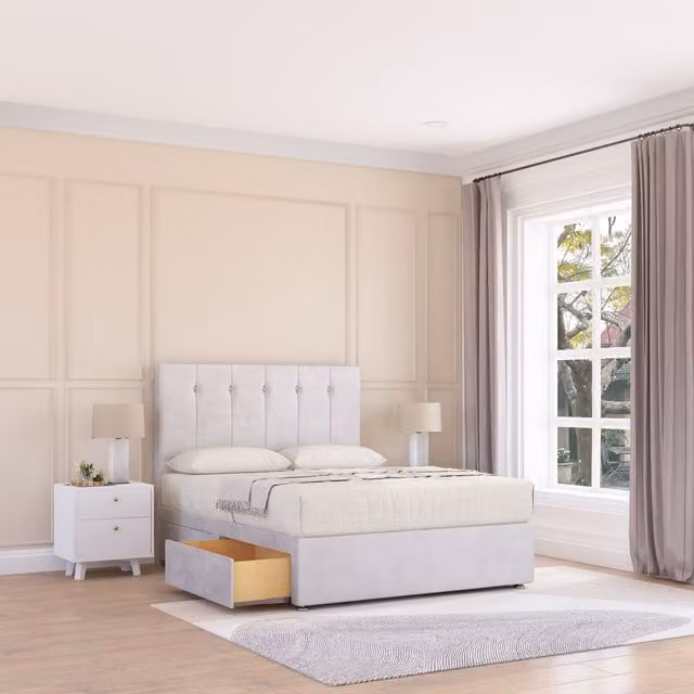 Sloomy Highbury King Size Divan Bed Base with 2 Drawers and Floor Standing Headboard in Silver Fabric, W/D/H: 180 x 200 cm
