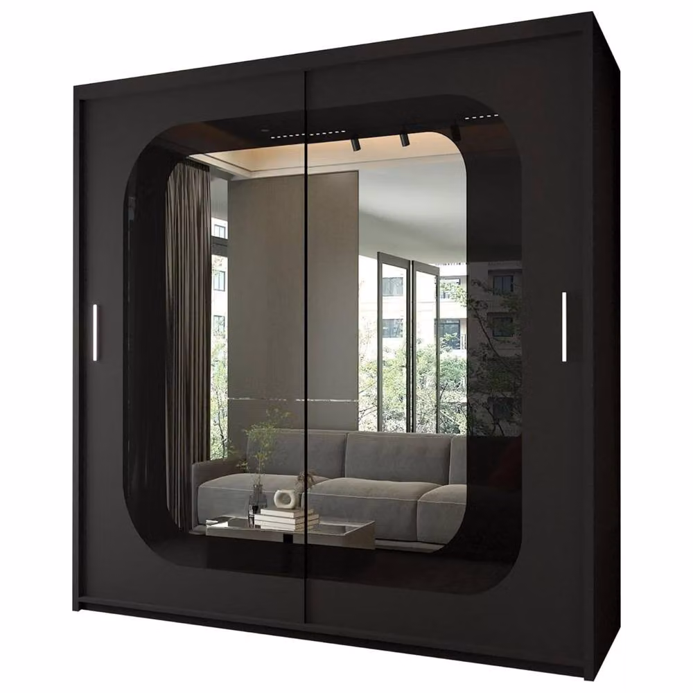 Sliding Wardrobes 4U Modern Double Door Sliding Wardrobe with Integrated LED Light and Mirror in Black, W: 203 cm, H: 217 cm – 2