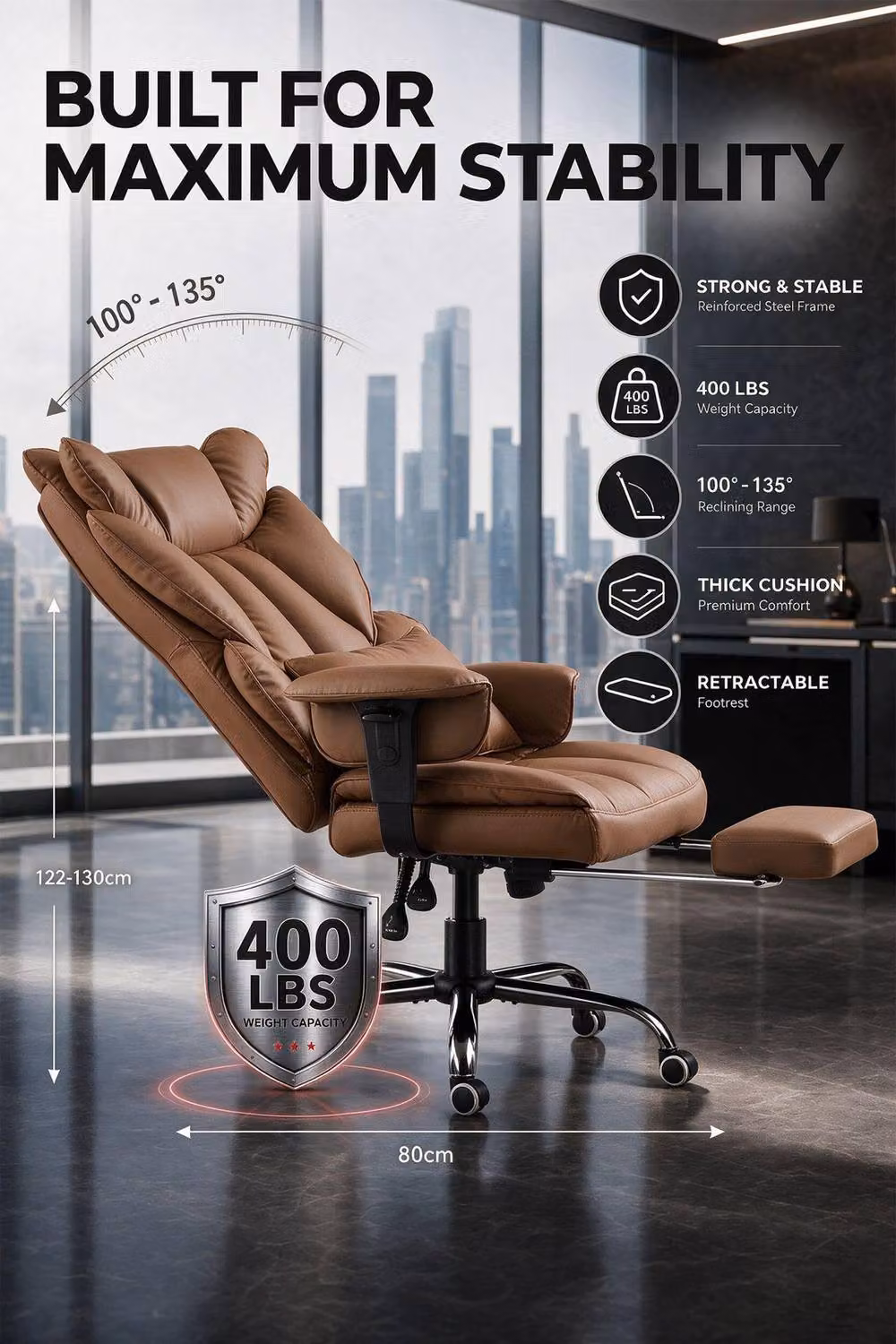Living and Home Ergonomic High Back Office Chair with Footrest and Castors in Brown – 3