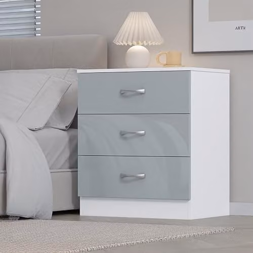 Harmin High Gloss Grey and White 3 Drawer Chest, H 68.5 x W 60 x D 40 cm