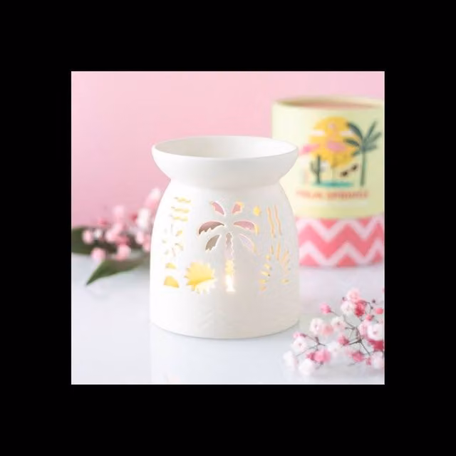 KDMD White Ceramic Beach Themed Oil Burner Fragrance Lamp with Palm and Sun Design