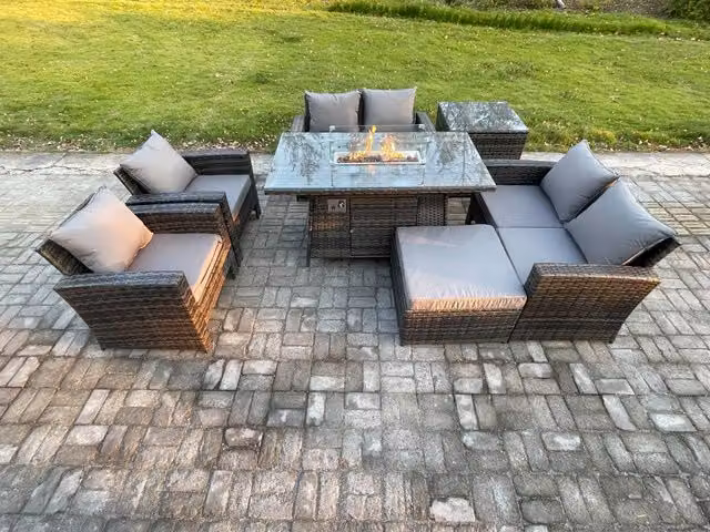 Fimous 7 Seater Rattan Garden Furniture Set with Gas Firepit Dining Table and Double Seat Sofa in Dark Grey