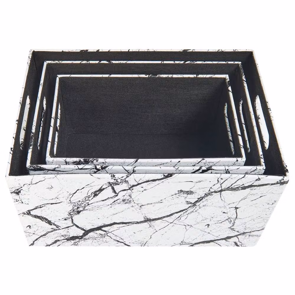 Wyld and Coco Set of 3 White Faux Leather Marble-Effect Storage Baskets with Handles – 3