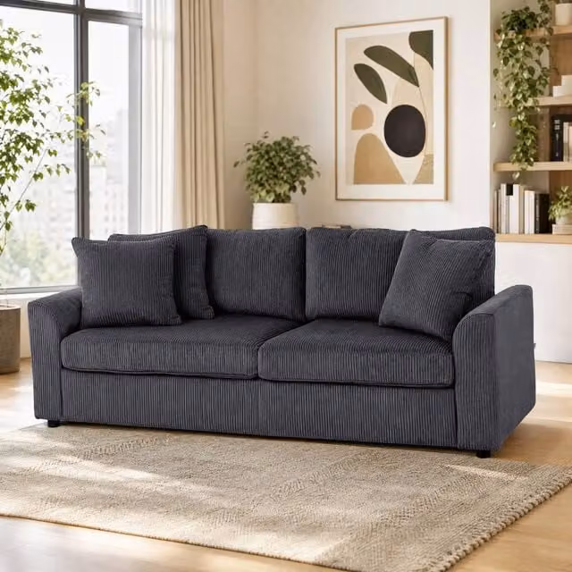 STILVORA 3 Seater Sofa in Grey Corduroy with Scatter Cushions