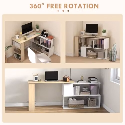 HOMCOM Rotating Corner Desk with Bookshelf in White – 4